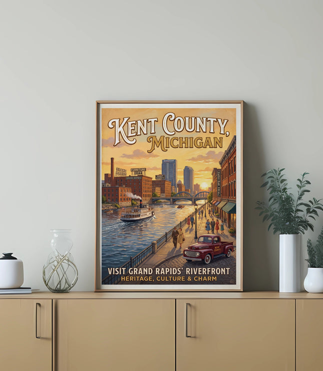 Kent County, Michigan poster displaying Grand Rapids riverfront with text.