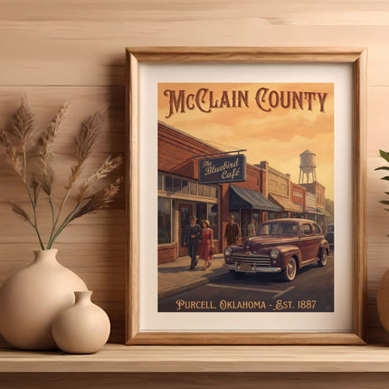 McClain County, Purcell, Oklahoma Est. 1887 art print with vintage car and people on street.