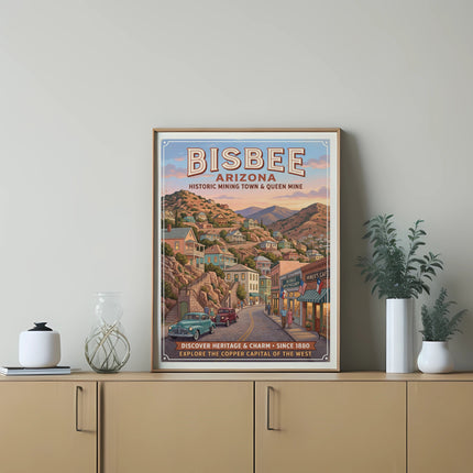 Bisbee Arizona historic mining town poster with buildings, cars, and text.
