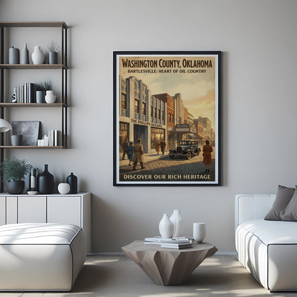 Vintage poster of Bartlesville, Oklahoma, depicting the Phillips Building and Bijou Theater.