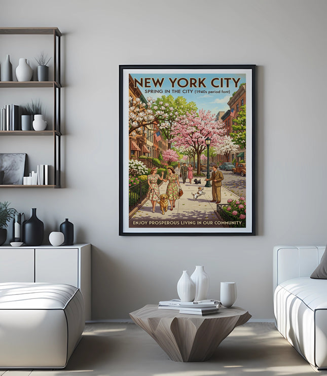 New York City spring scene poster with people and dogs on sidewalk.