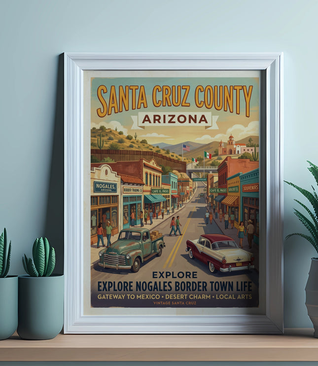 Vintage Santa Cruz County Arizona poster with town scene, cars, and text.