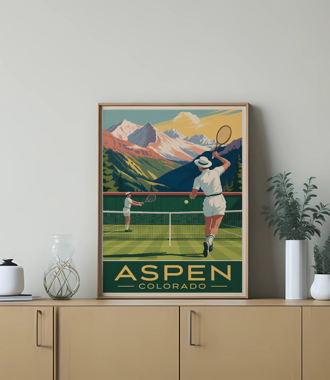 Retro poster of tennis players in Aspen with mountains and trees.