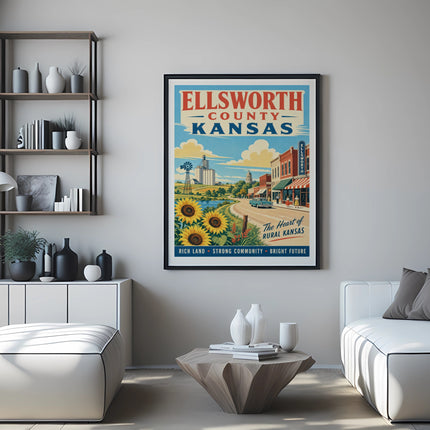 Ellsworth County, Kansas travel poster featuring sunflowers, windmill, and town scene.