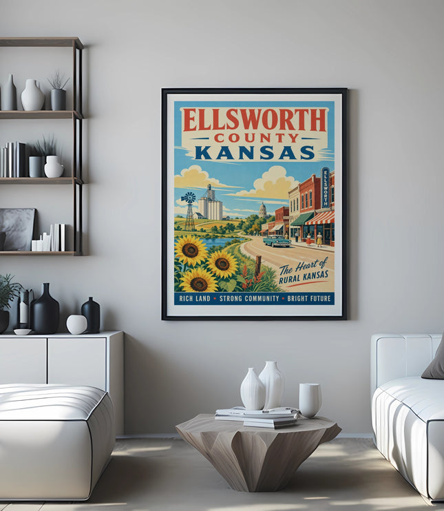 Ellsworth County, Kansas travel poster featuring sunflowers, windmill, and town scene.