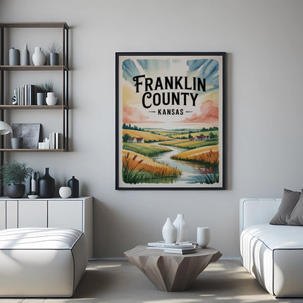 Franklin County Kansas poster with rolling hills, fields, and a stream.