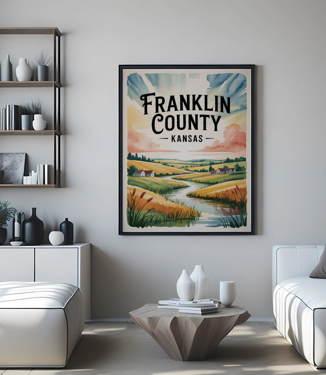 Franklin County Kansas poster with rolling hills, fields, and a stream.