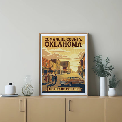 Comanche County, Oklahoma heritage poster featuring a vintage street scene and classic car.