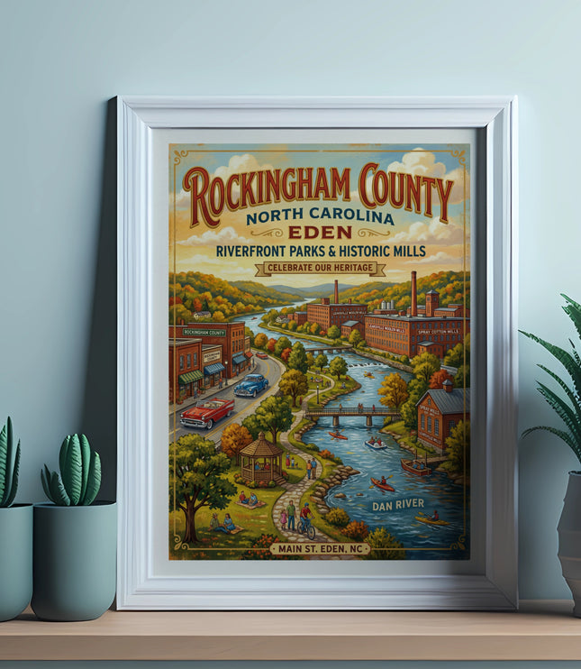 Rockingham County North Carolina Eden poster with riverfront parks and historic mills.