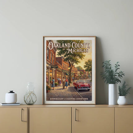 Oakland County, Michigan vintage travel poster depicting Birmingham's charming downtown street scene.