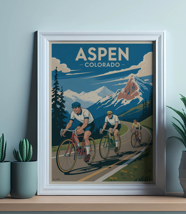 Three cyclists race towards majestic mountains in Aspen, Colorado.
