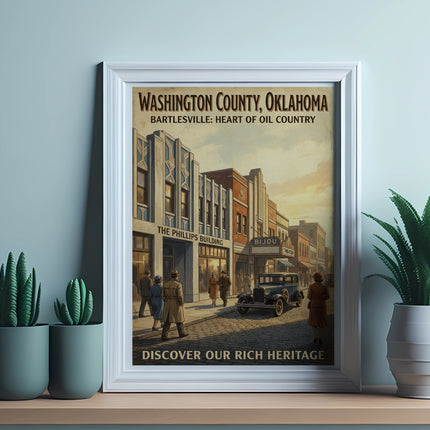 Vintage poster of Washington County, Oklahoma with Bijou Theater and The Phillips Building.