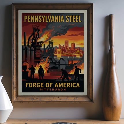 Vintage Pennsylvania Steel Forge of America Pittsburgh poster with industrial scene.