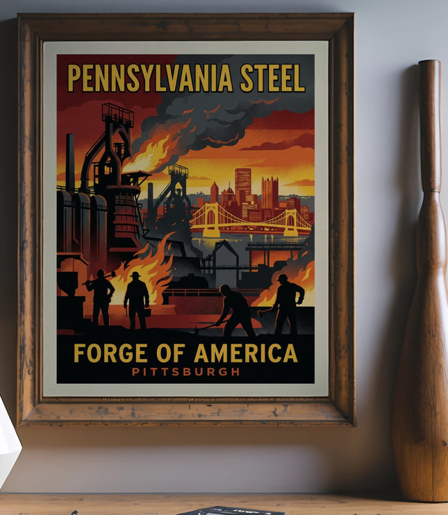 Vintage Pennsylvania Steel Forge of America Pittsburgh poster with industrial scene.