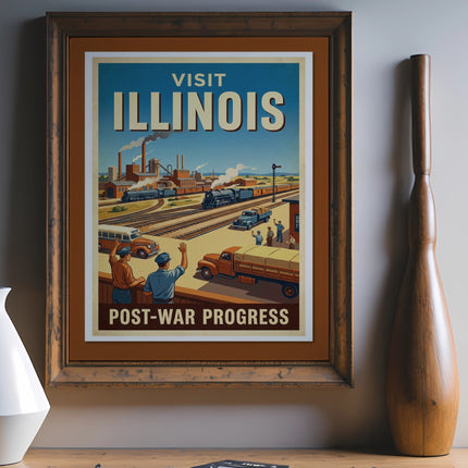 Vintage "Visit Illinois Post-War Progress" poster with train and factory scene.