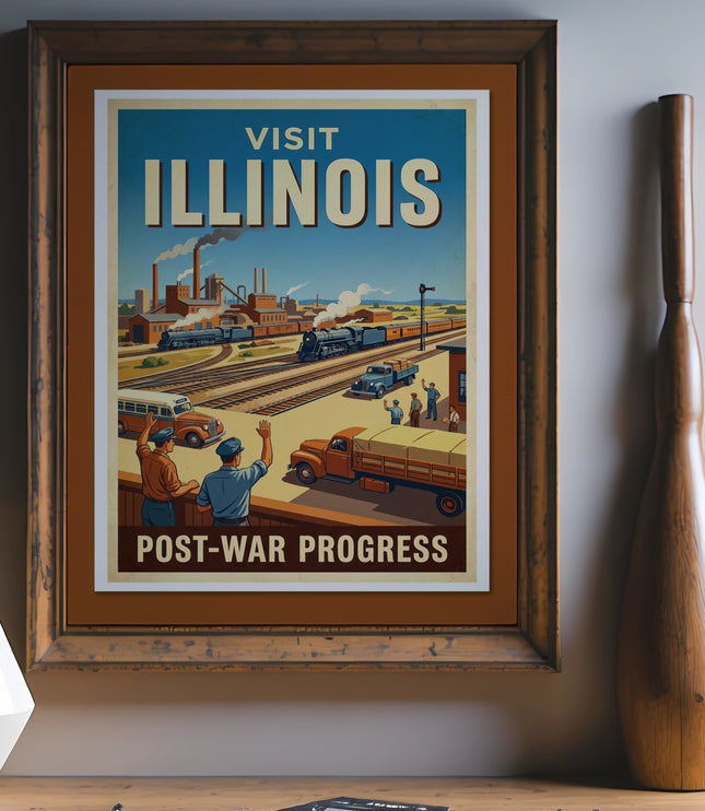 Vintage "Visit Illinois Post-War Progress" poster with train and factory scene.