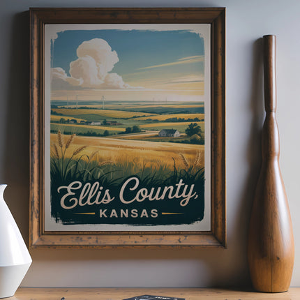 Vintage Ellis County, Kansas landscape poster featuring wind turbines and wheat fields.