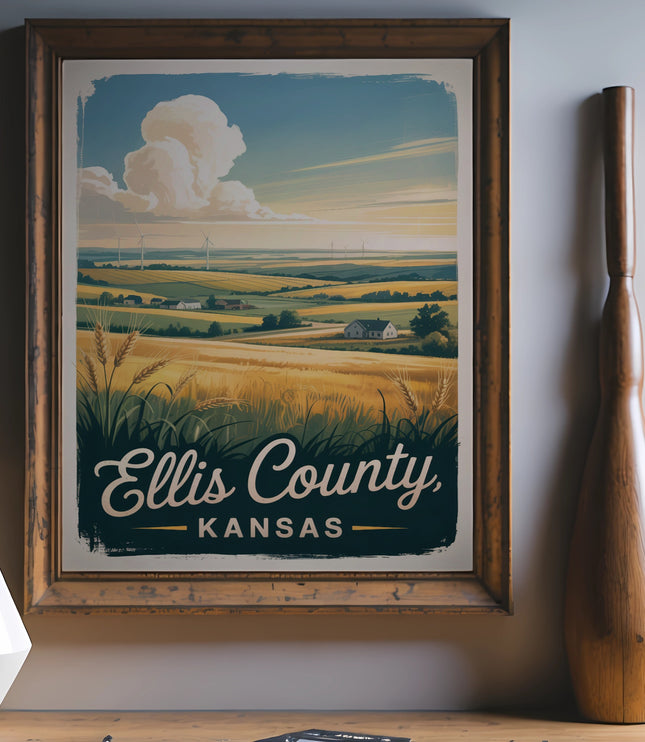 Vintage Ellis County, Kansas landscape poster featuring wind turbines and wheat fields.