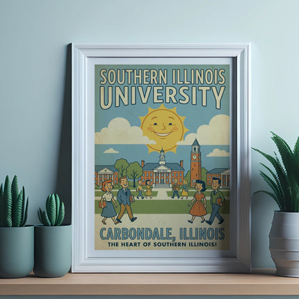Framed poster of Southern Illinois University with campus scene and sun graphic.