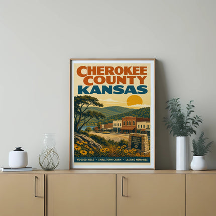 Retro poster for Cherokee County, Kansas, showing a small town and sunflower fields.