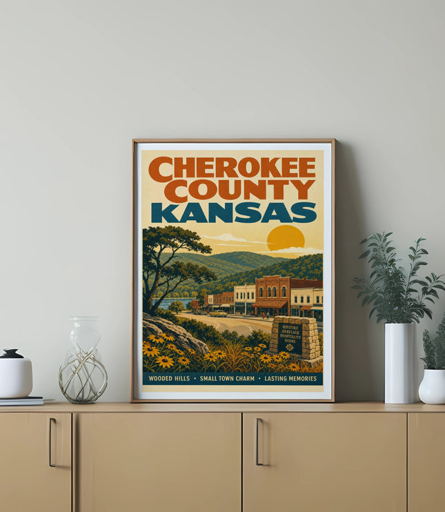 Retro poster for Cherokee County, Kansas, showing a small town and sunflower fields.