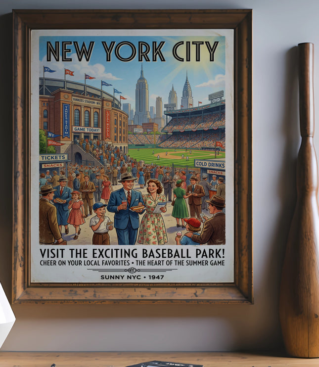 Vintage New York City baseball park poster with Empire State Building and Yankees Stadium.