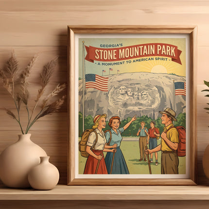 Framed vintage poster of Stone Mountain Park with hikers and monument.