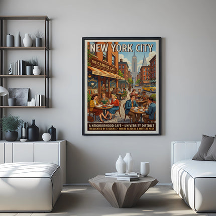New York City poster featuring a cafe scene, titled "The Campus Cafe".