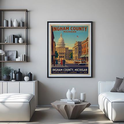 Ingham County Michigan Capitol District Lansing vintage travel poster.