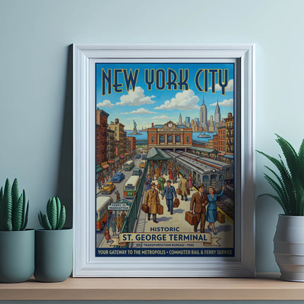 Vintage poster of New York City St. George Terminal with text.