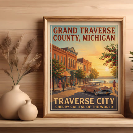 Vintage "Grand Traverse County, Michigan" poster featuring Traverse City and "Cherry Capital of the World".