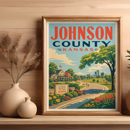 Vintage travel poster of Johnson County, Kansas, with a landscape and town.
