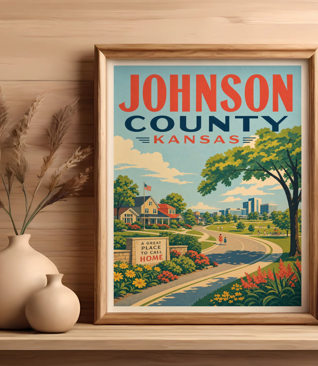 Vintage travel poster of Johnson County, Kansas, with a landscape and town.