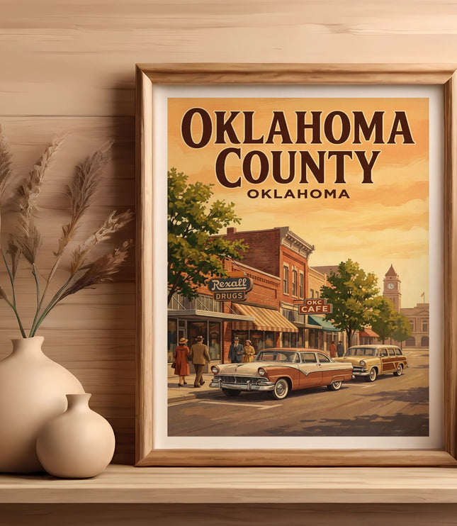 Framed art depicts "Oklahoma County, Oklahoma" with vintage cars on a street.