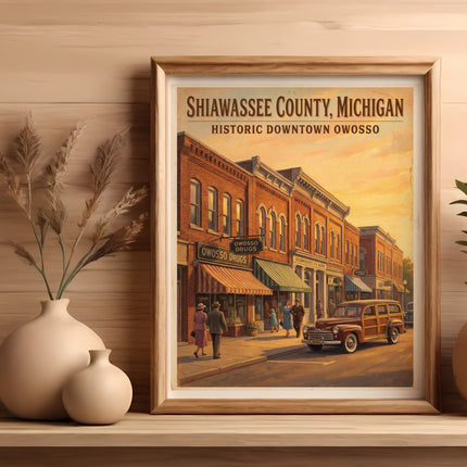 Shiawassee County, Michigan, Historic Downtown Owosso art with vintage car and shops.
