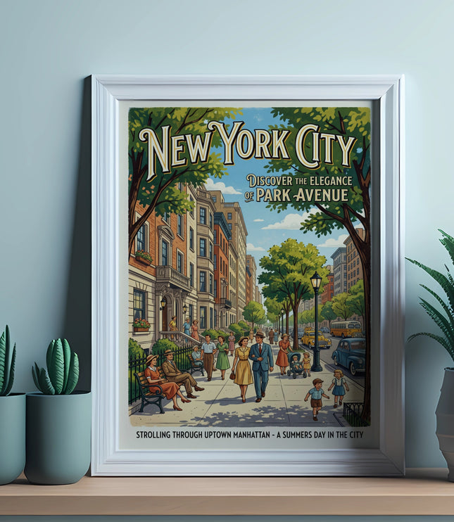 New York City poster of Park Avenue with people strolling and text.