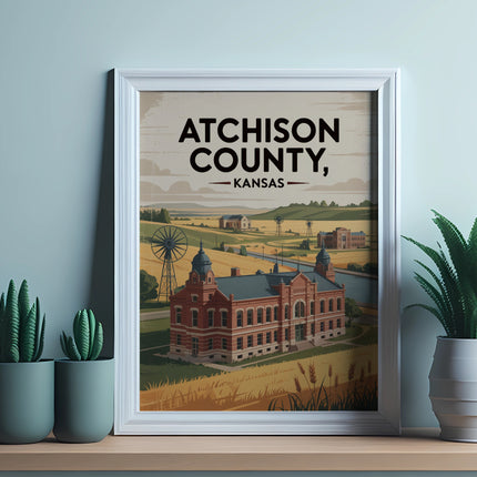 Atchison County, Kansas framed artwork showing a historic building and windmill.