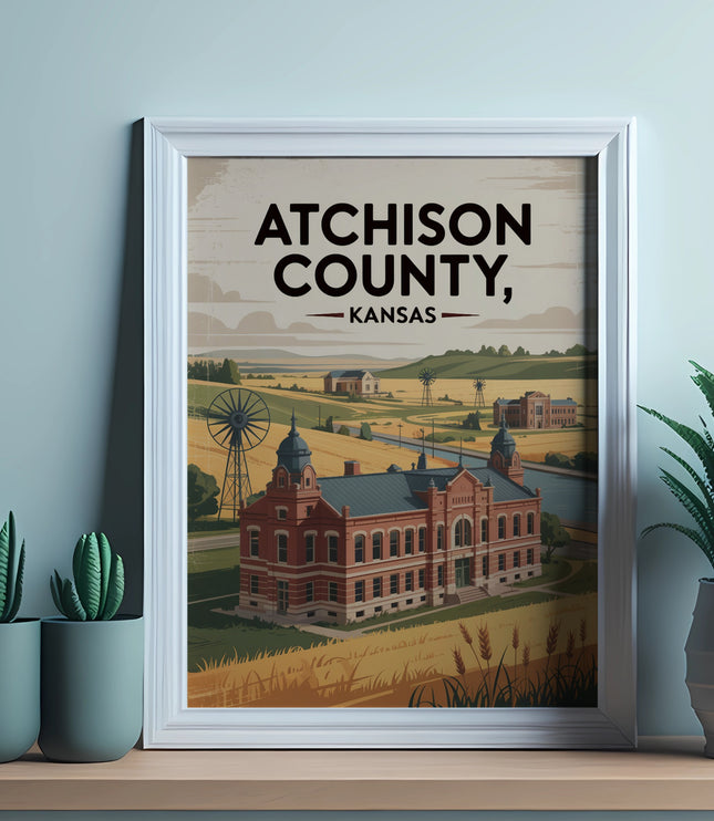 Atchison County, Kansas framed artwork showing a historic building and windmill.