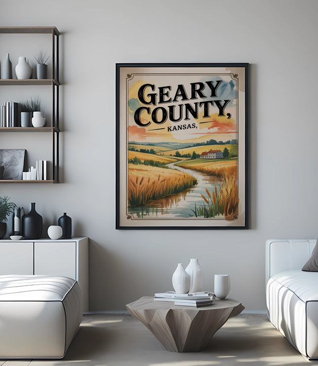 Framed "Geary County, Kansas" poster with rural landscape and flowing water.