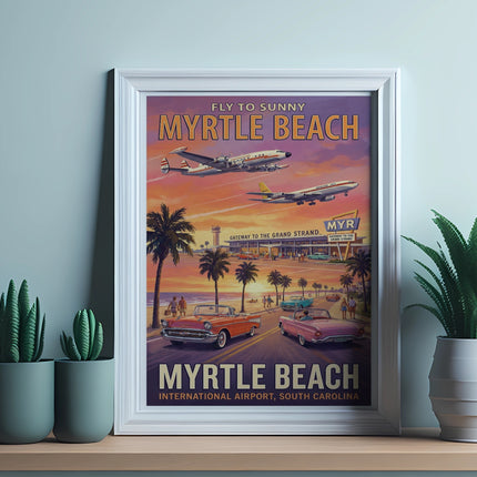 Vintage Myrtle Beach poster showing planes, cars, and the airport, with text "Fly to Sunny Myrtle Beach MYR".