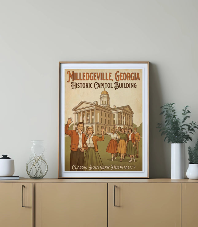 Milledgeville, Georgia Historic Capitol Building poster with people in retro clothing.