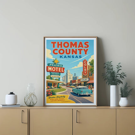 Thomas County Kansas travel poster with Colby motels, cafe, and a vintage car.