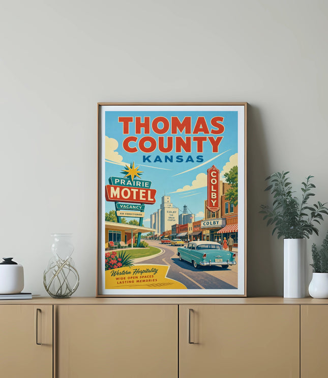 Thomas County Kansas travel poster with Colby motels, cafe, and a vintage car.