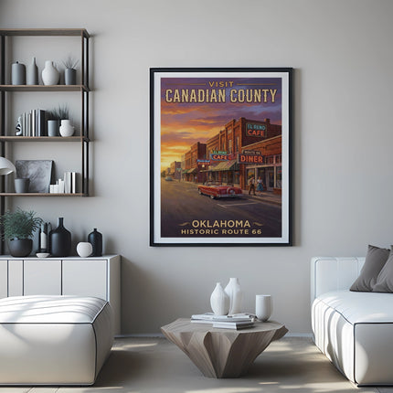 "Visit Canadian County" Oklahoma Historic Route 66 poster with vintage diner.
