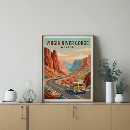 Poster of Virgin River Gorge, Nevada featuring a scenic road and vintage cars.