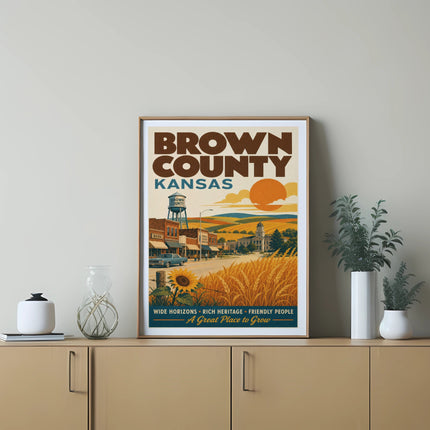 Brown County Kansas illustration with vintage buildings, fields, and sun.