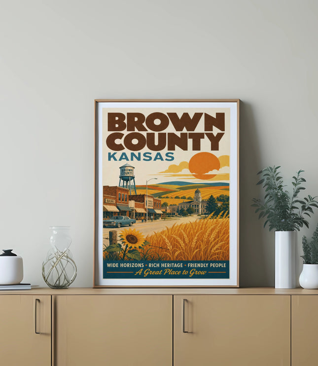 Brown County Kansas illustration with vintage buildings, fields, and sun.