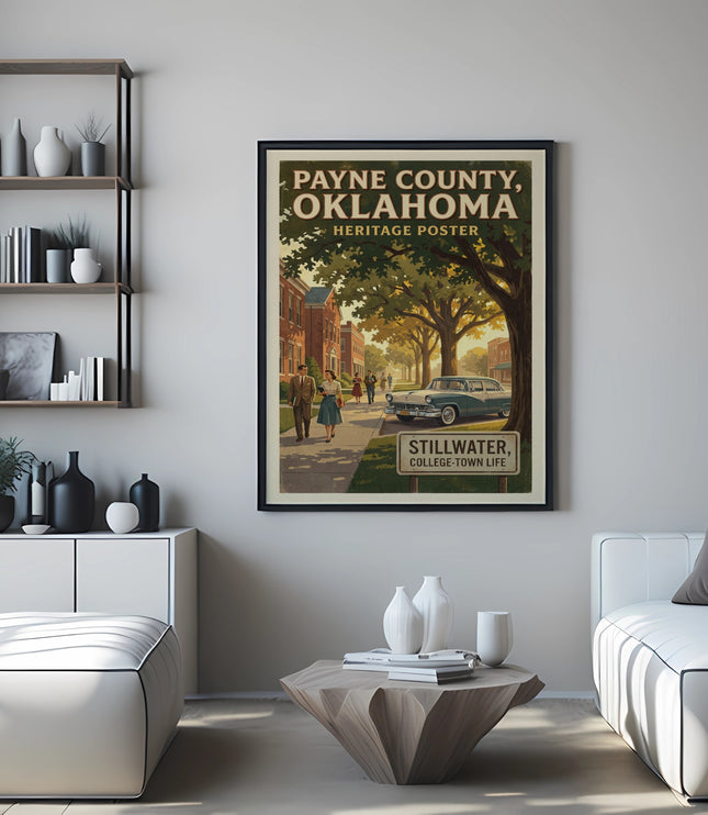 Vintage poster depicts Payne County, Oklahoma with a classic car and people.