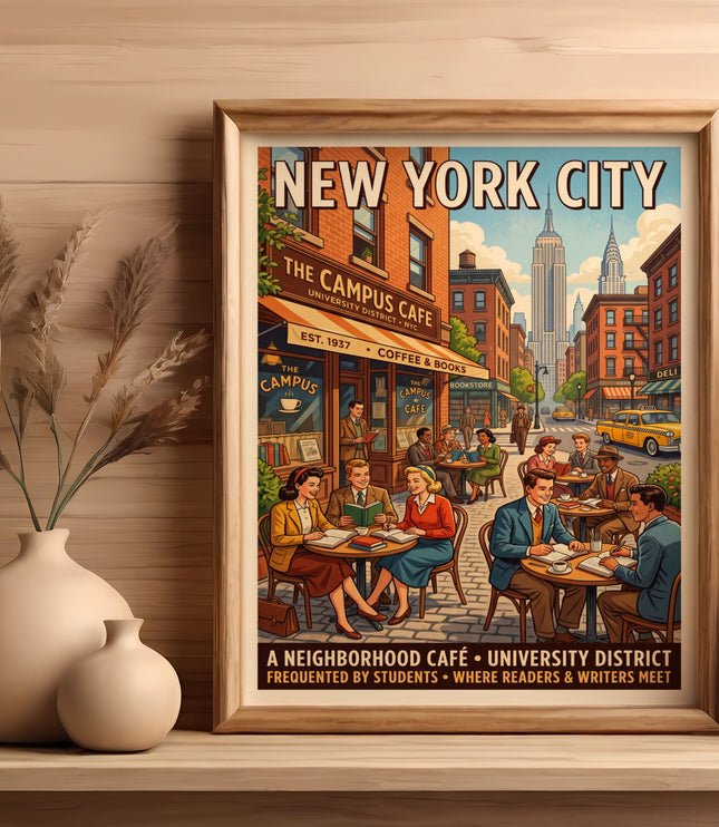 New York City poster: Campus Cafe, University District, with people dining and Empire State Building.