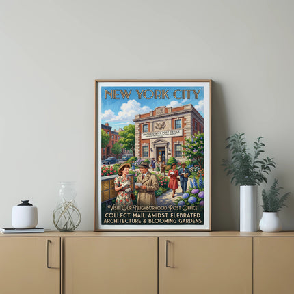 New York City United States Post Office poster with people and flowers.